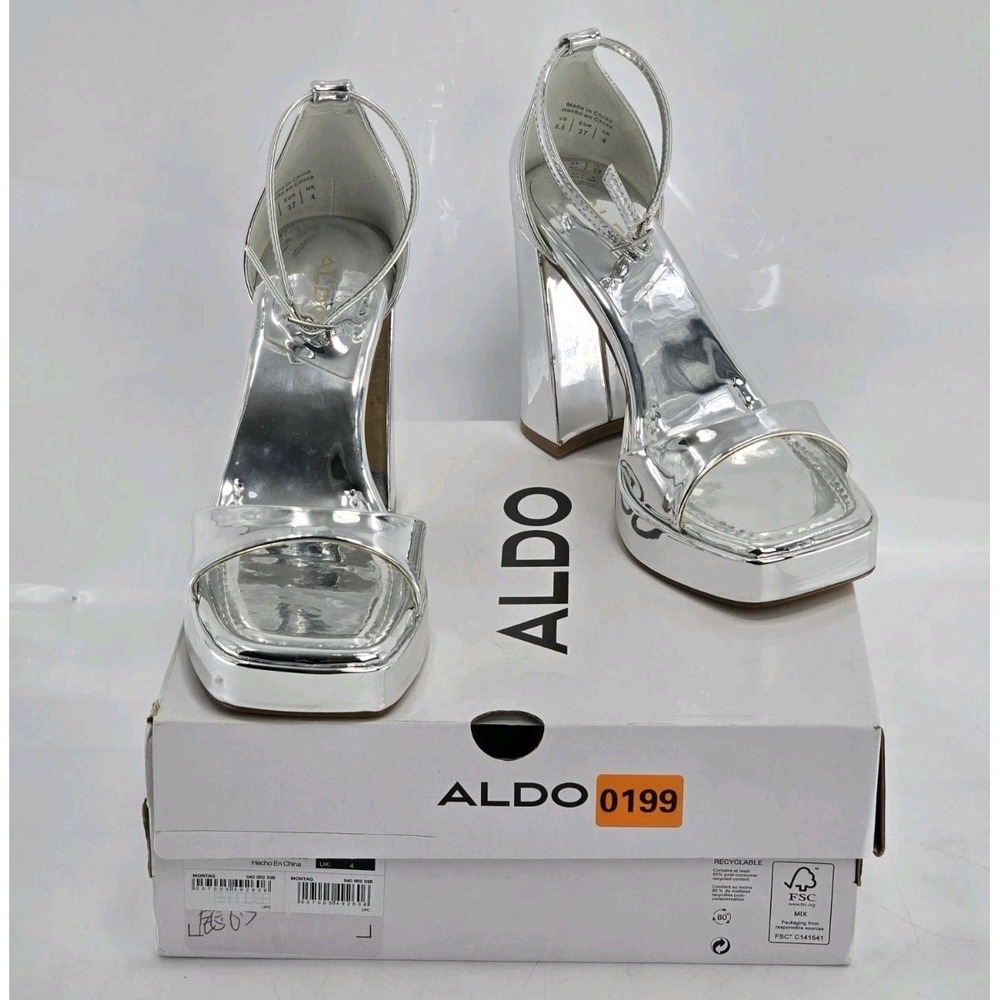 ALDO Women's‎ Montag 4" Heeled Sandal Silver Mirror Size 6.5 - Excellent